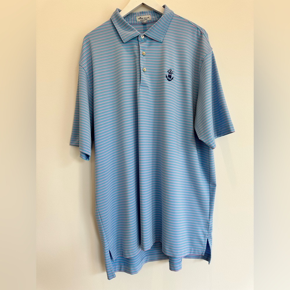 Men’s Peter Millar Summer Comfort Blue and Pink Stripe polo shirt XL with logo